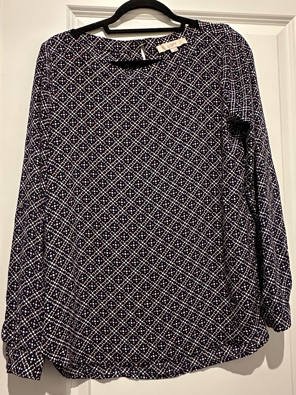 LOFT Navy Geometric Long-Sleeve Blouse